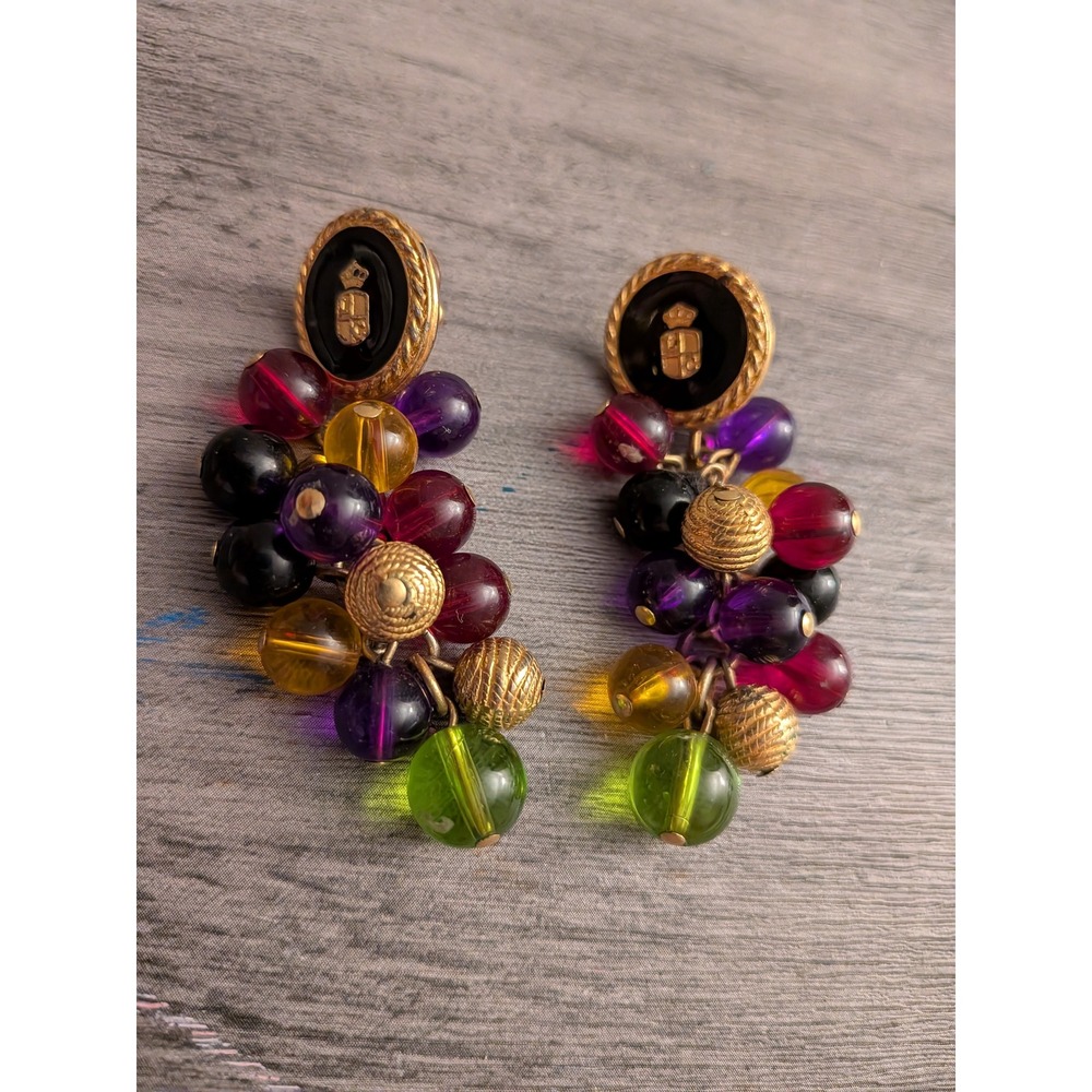Vintage Liz Claiborne Bead Cluster Dangle Earrings Gold Tone Crest Logo